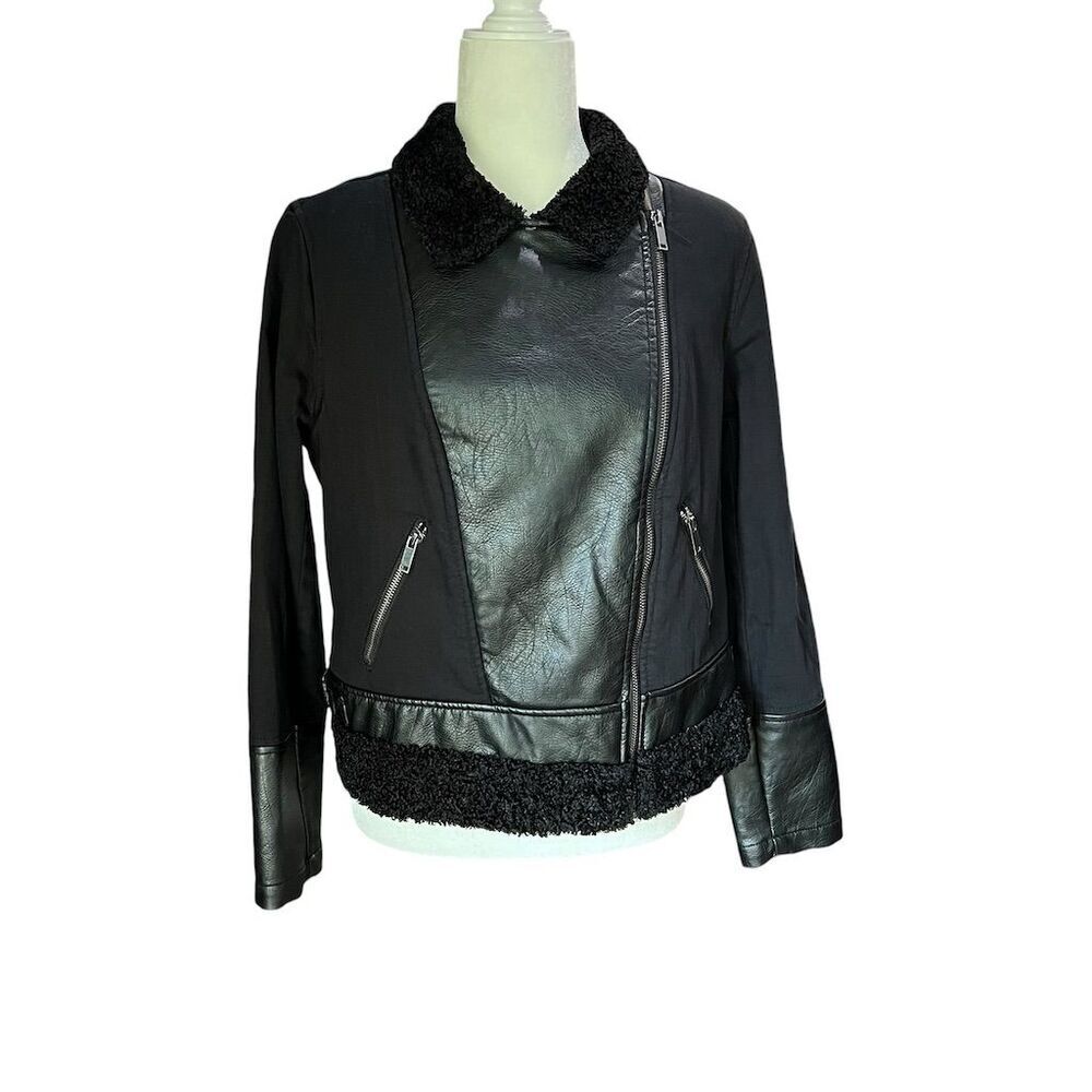 Rock & Republic Women's Black Moto Jacket Faux Leather Sherpa Size L - Picture 3 of 10